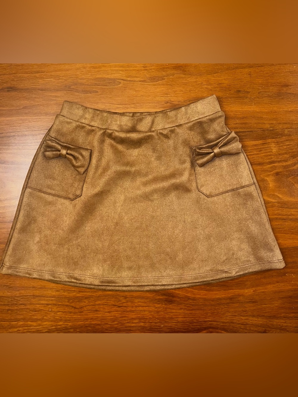 Originality Girls Saddle Brown Faux Suede Mini Skirt w/ Bow Pockets